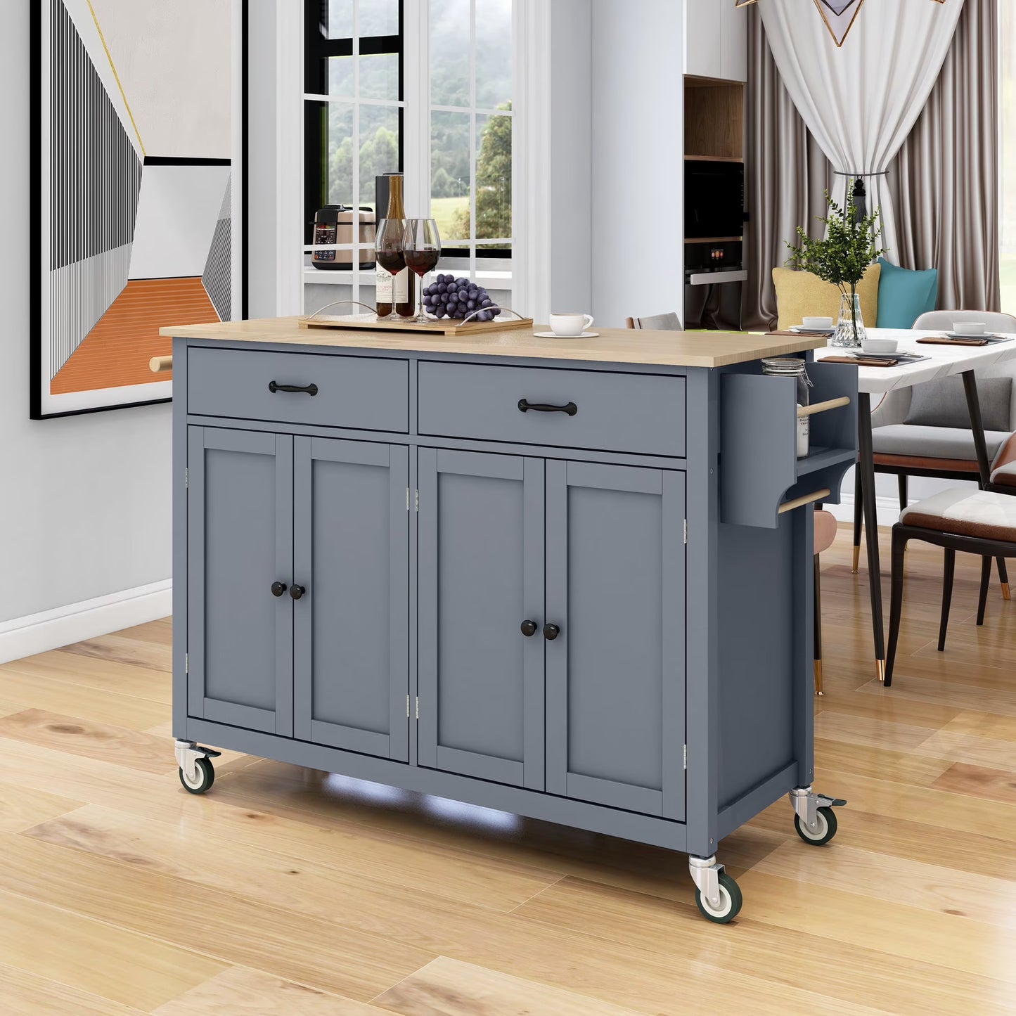 Harper & Bright Designs Rolling Kitchen Island Cart with Solid Wood Top and Locking Wheels, 4 Door, Storage Cabinet and Two DrawersSpice Towel Rack, Blue