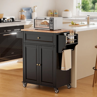 Kitchen Island with Storage on Wheels, Microwave cart with Spice Rack, Towel Rack & Drawer, Black