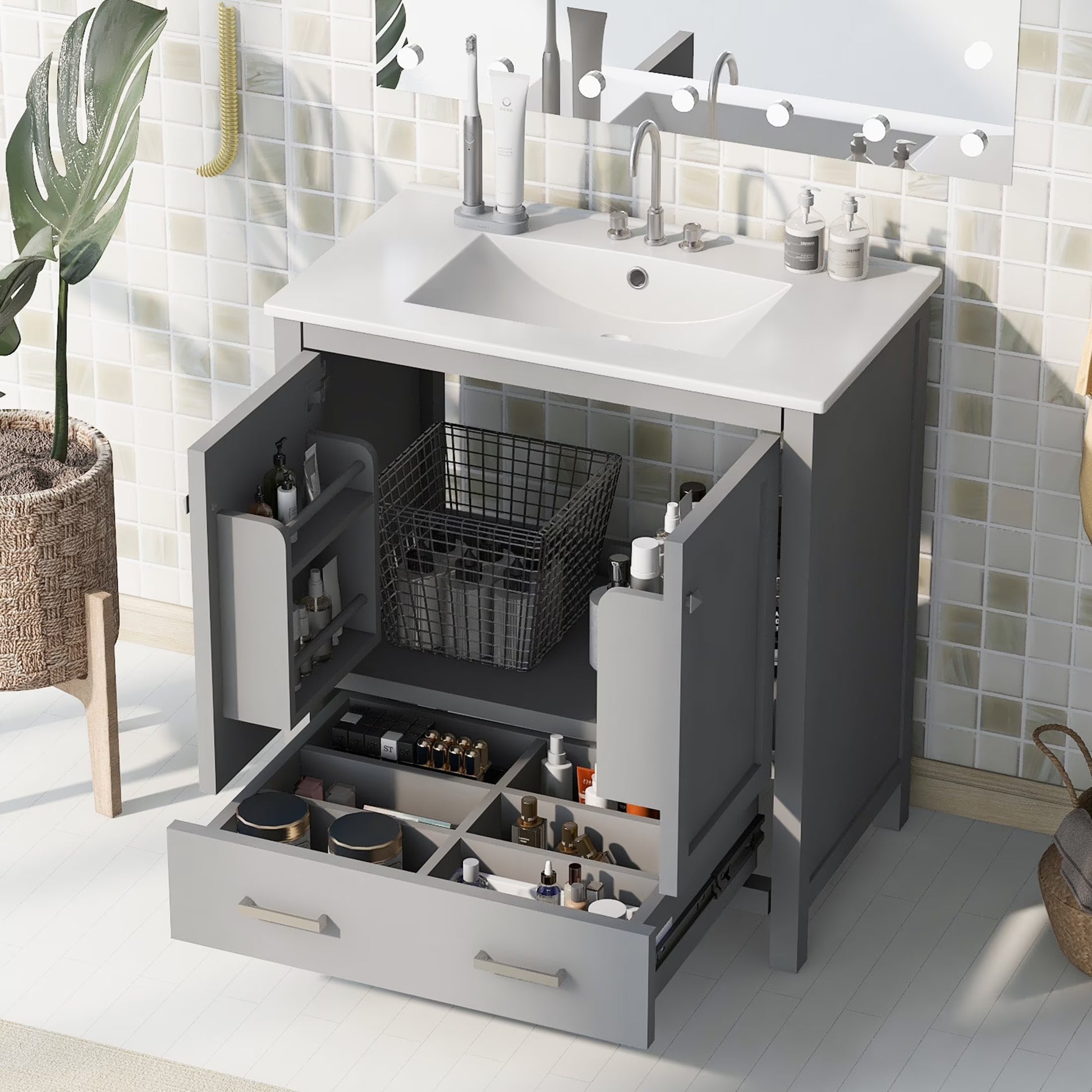 Zolaris Modern Bathroom Vanity with Ceramic Sink, Shelves, Drawers, Wood, Gray