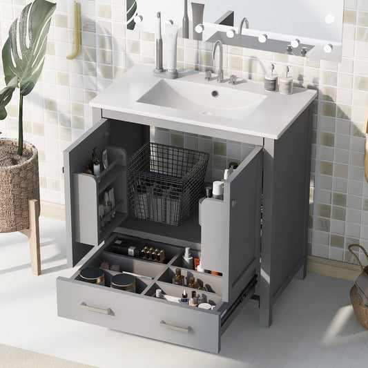 Zolaris Modern Bathroom Vanity with Ceramic Sink, Shelves, Drawers, Wood, Gray