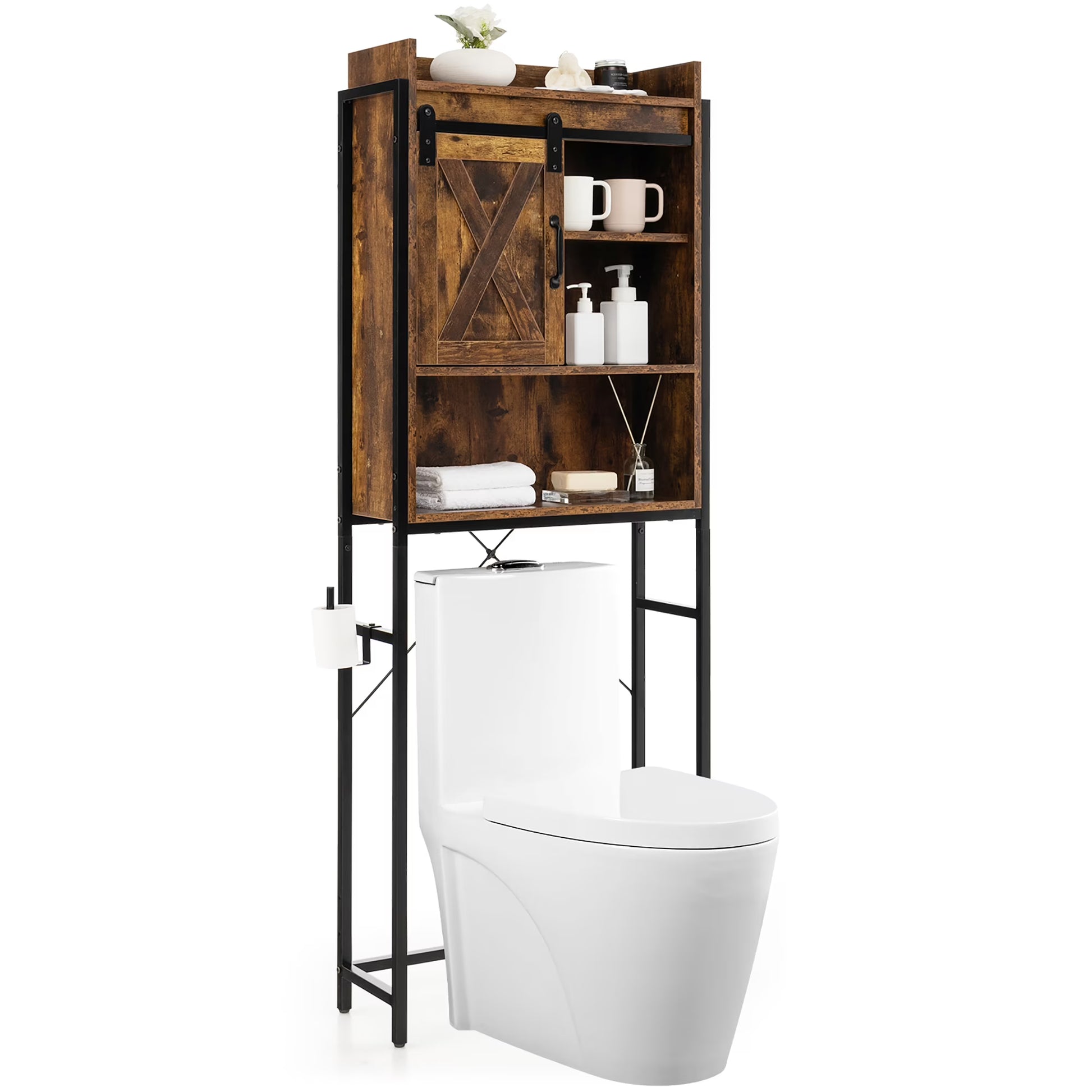 Gymax Over-The-Toilet Storage Cabinet Freestanding 4-Tier Bathroom Organizer Rack w/Adjustable Shelf Rustic Brown