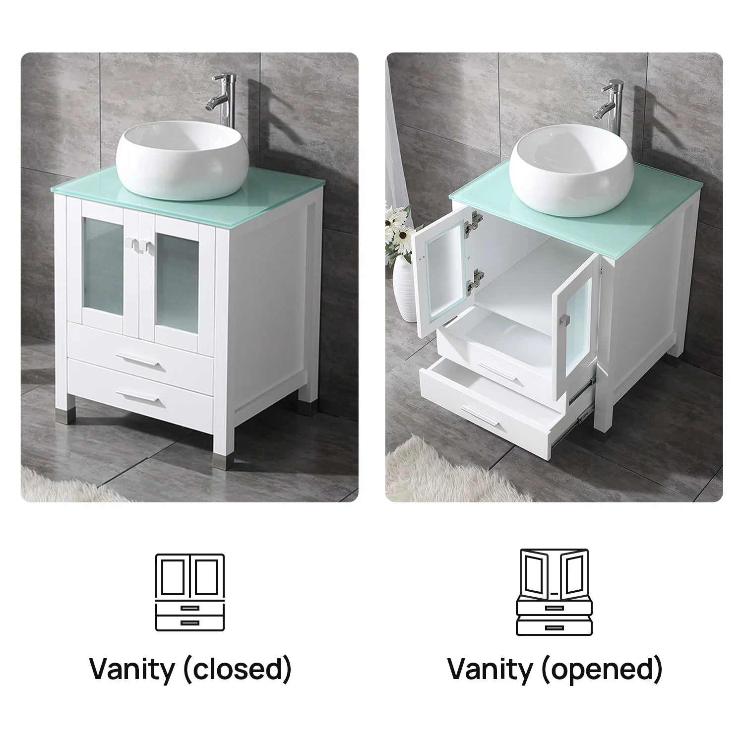 Wonline 24" Bathroom Vanity Cabinet Ceramic Sink Faucet Drain Combo w/Mirror Set White
