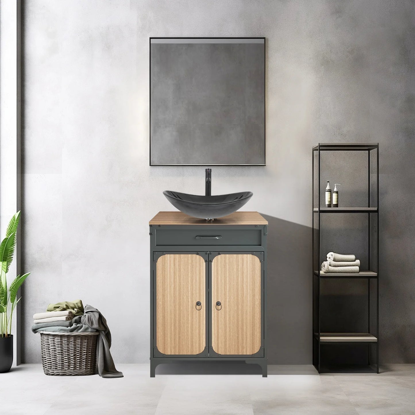 PULUOMIS Bathroom Vanity, 30" Bathroom Vanity with Sink Combo Set, Brown Modern Wood Bathroom Cabinet with Black Ceramic Bathroom Sink