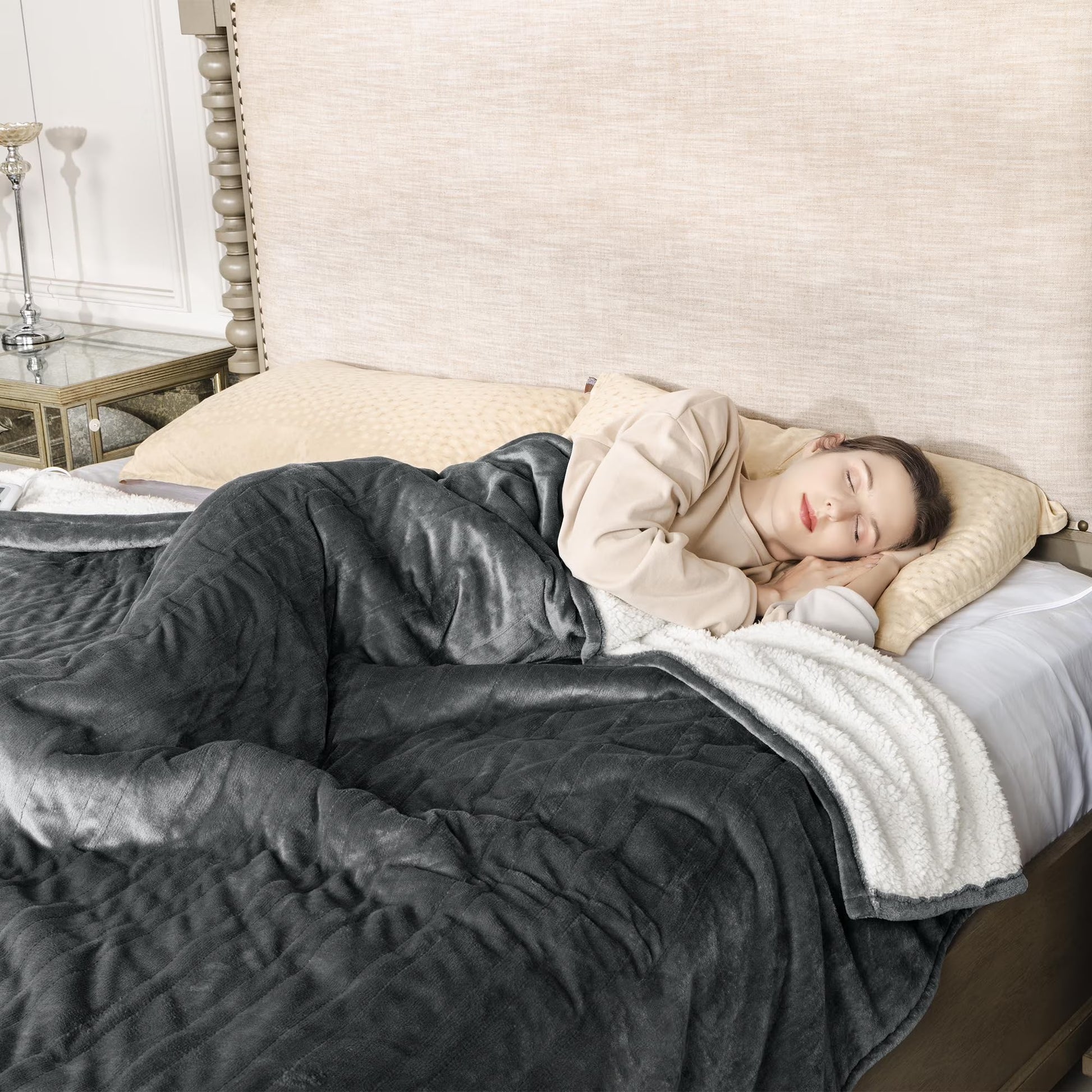 RoyalCraft Heated Blanket King Size, Electric Throw Dual Control, 5 Years Warranty, 10 Heat Settings, 12 Hours Auto Off, Soft Flannel and Sherpa, Machine Washable, ETL Certified, Grey