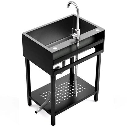 26" Freestanding Utility Sink, Single Bowl Kitchen Sinks w/Storage Shelve, Black Heavy Duty Sinks with Cold & Hot Water Pipe for Commercial Laundry Room Bathroom Farmhouse