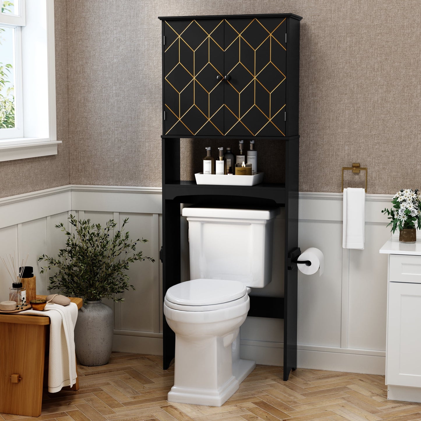 HLR Over The Toilet Storage Cabinet, Bathroom Above Toilet Storage Cabinet with Doors and Adjustable Shelves, Black