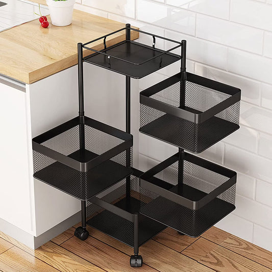 MONIPA 4 Tier Rotatable Baskets Storage Rack,Black Baskets Shelf 360° Ratate,Large Capacity Storage Trolley with 4 Wheels for kitchen,Bathroom,Living room (Square)