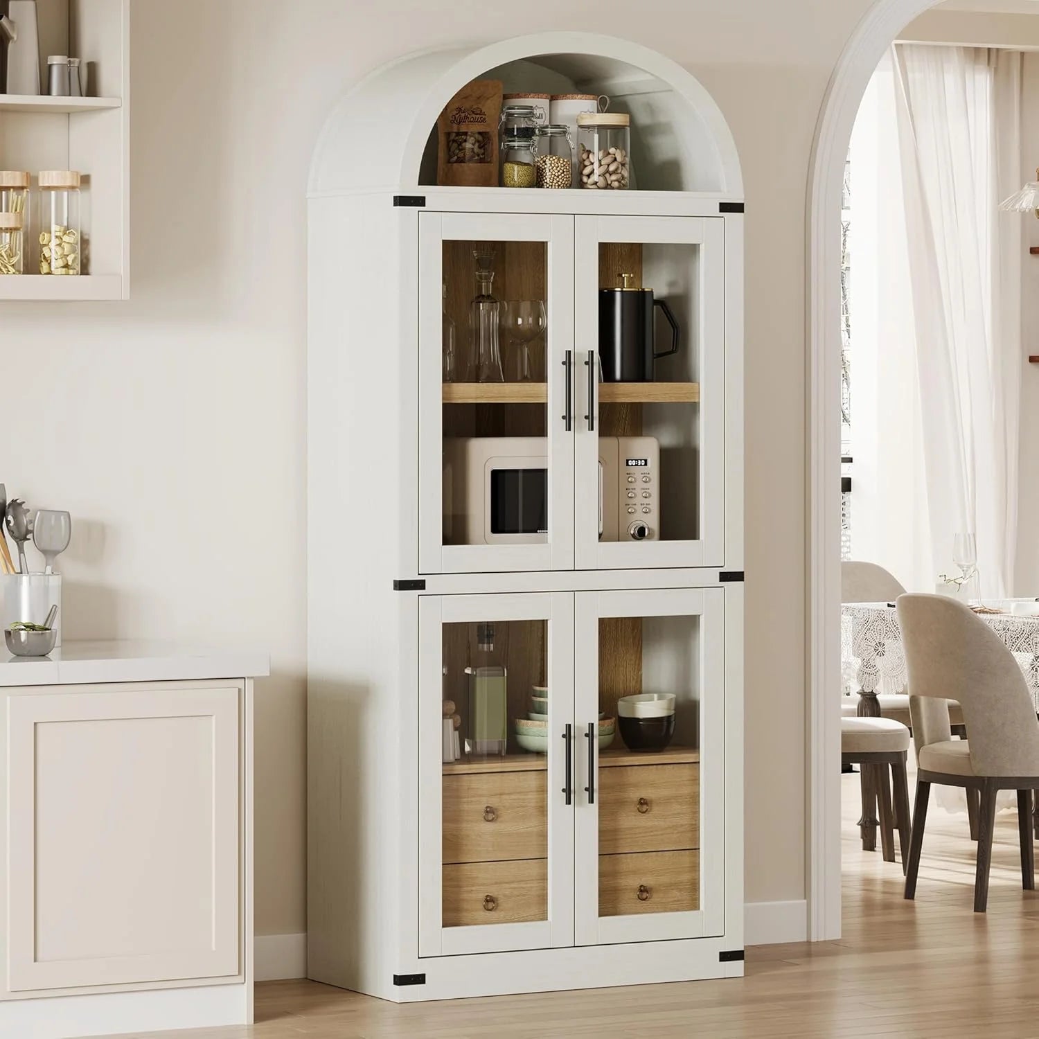 Arched Kitchen Pantry Storage Cabinet with 2 Drawers, 71-Inch Tall Farmhouse Wood Bookcase with 4 Doors for Kitchen Dining Room Bathroom