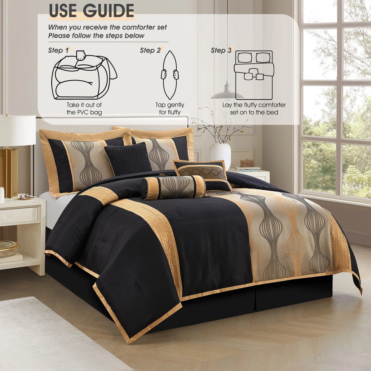Lanco Elegant Black and Gold Comforter Set,Striped, 7 Pieces Jacquard Bedding Sets with Comforter for All Season, Bed Skirt, Pillows & Shams, Queen Size, Lightweight Microfiber