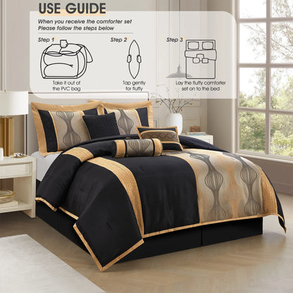 Lanco Elegant Black and Gold Comforter Set,Striped, 7 Pieces Jacquard Bedding Sets with Comforter for All Season, Bed Skirt, Pillows & Shams, Queen Size, Lightweight Microfiber