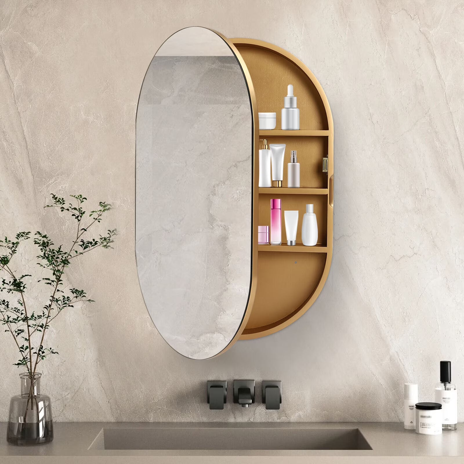 Fichiouy Bathroom Mirror Cabinet Oval Wall Mounted Cabinet Storage Cabinet with Mirror for Bathroom 19.76" x 30.82"