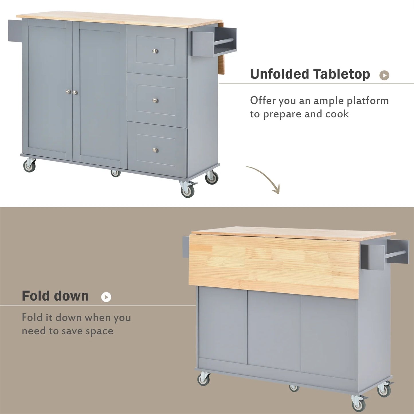 Kitchen Island Cart, Drop Leaf Kitchen Island on Wheels with Spice Rack, Towel Rack and 3 Drawers, Rolling Mobile Kitchen Island with Storage Cabinets and Solid Wood Top, White