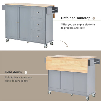Kitchen Island Cart, Drop Leaf Kitchen Island on Wheels with Spice Rack, Towel Rack and 3 Drawers, Rolling Mobile Kitchen Island with Storage Cabinets and Solid Wood Top, White