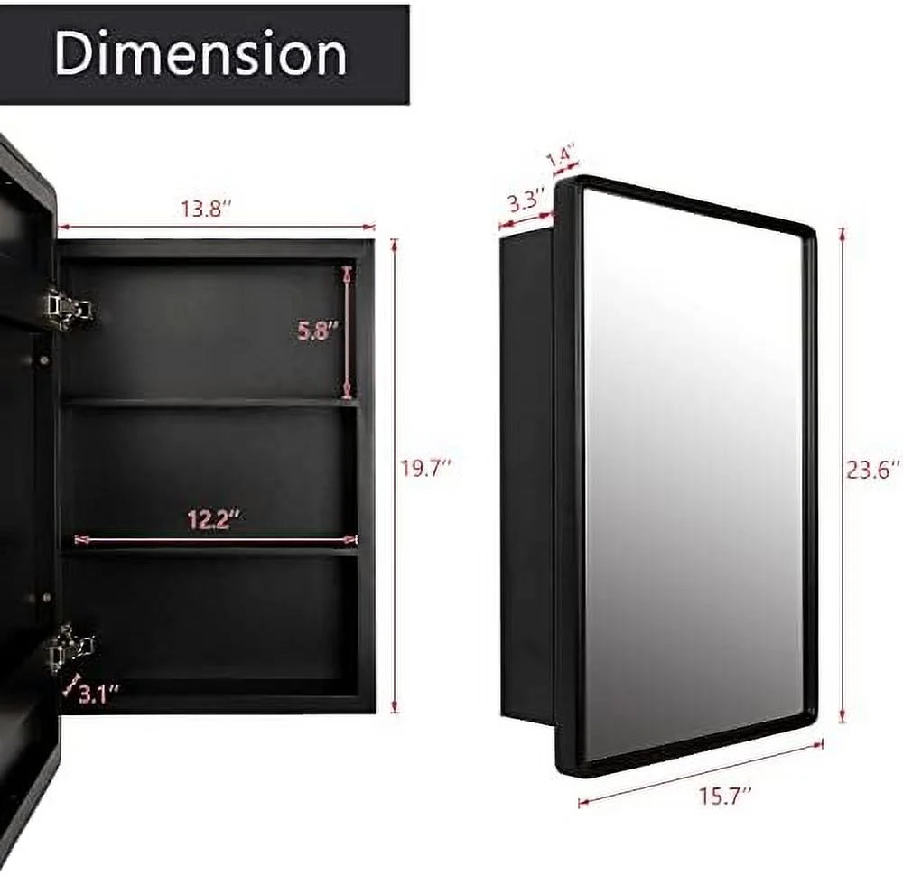 Farmhouse Medicine Cabinet Mirror with Wood Frame - Recessed & Wall Mount Bathroom Storage, 3 Shelves, 16x24 Inch (Black)