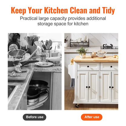VEVOR Kitchen Island Cart with Solid Wood Top, 35.4" Width Mobile Carts with Storage Cabinet, Rolling Kitchen Table with Spice Rack, Towel Rack, and Drawer