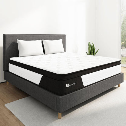 Avenco Queen Size Hybrid Mattress, 12-Inch Mattress in a Box, Pocketed Innerspring and Memory Foam Mattress, Medium Firm with Pillow Top, Supportive