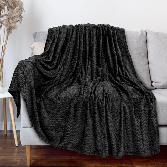 PAVILIA Soft Fleece Solid Black Throw Blanket for Couch, Lightweight Plush Warm Blankets for Bed, Fuzzy Cozy Flannel Blanket Throw for Sofa, Travel, Jacquard Pattern, Black, 50x60 inch