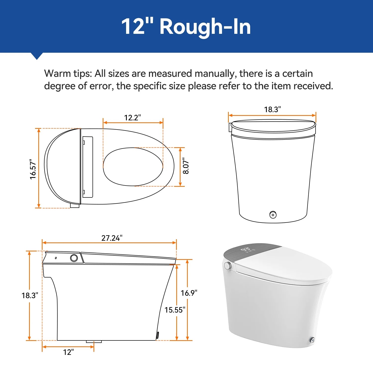 HOROW Smart Bidet Toilet Adjustable Cleaning , Heated Seat, No Water Pressure Limit, Auto Open/Close