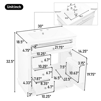 GDF Studio 30" Modern Bathroom Vanity with Sink Combo Set, 3 Drawers and A Tip-out Drawer, Door Shelf, White