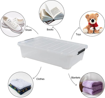 Esdiplot 3-Pack 40 L Clear Underbed Storage Container, Plastic Containers with Lids and Wheels, Under Bed Storage Bin for Cloths, Bedding, Books, Diapers, Shoes and Duvets