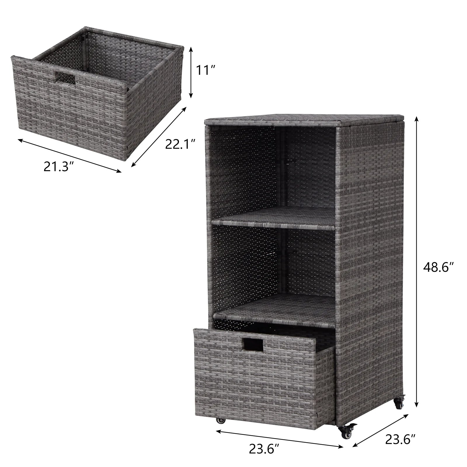 Kinbor Outdoor Pool Towel Rack, Waterproof PE Rattan Storage Cabinet Organizer with 2 Storage Shelves & 1 Bottom Drawer, Gray