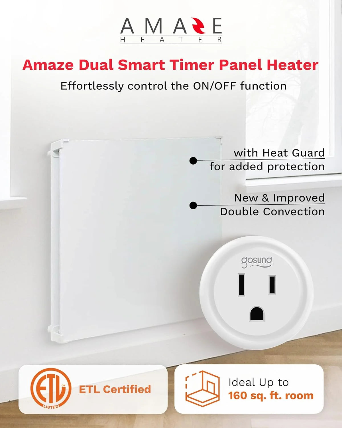 Amaze Heaters Dual Smart 400W Energy Efficient Space Heater w/Heat Guard & Wall Mount Kit - 24°x24° Paintable & Silent Indoor Electric Heater - For Up to 160 sq ft Rooms Such as Bedroom & Bathroom