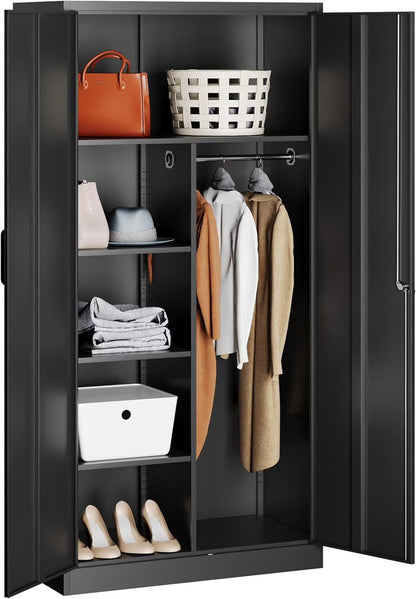 STANI Metal Locker Storage Cabinet, Employees Locker with Hanging Rod Bar, 71° F Black Tall Steel Wardrobe for Home, School, Office (Assembly Required)