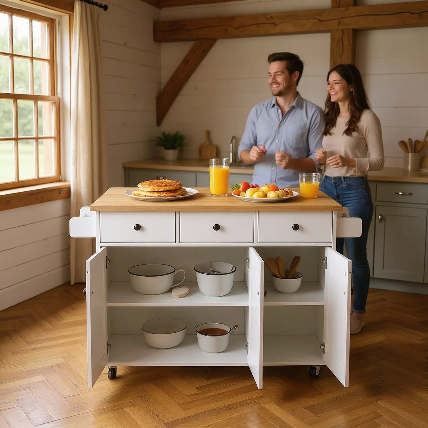 Homy Casa 56" Rolling Kitchen Island with Wood Top, Storage Cabinet, 3 Drawers, Towel Racks, White
