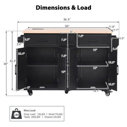 Kitchen Island with Storage, Rolling Kitchen Island on Wheels with Charging Station, Kitchen Cart Island Table with Drop Leaf, Drawers, Cabinets, Spice Rack, Towel Rack, Black