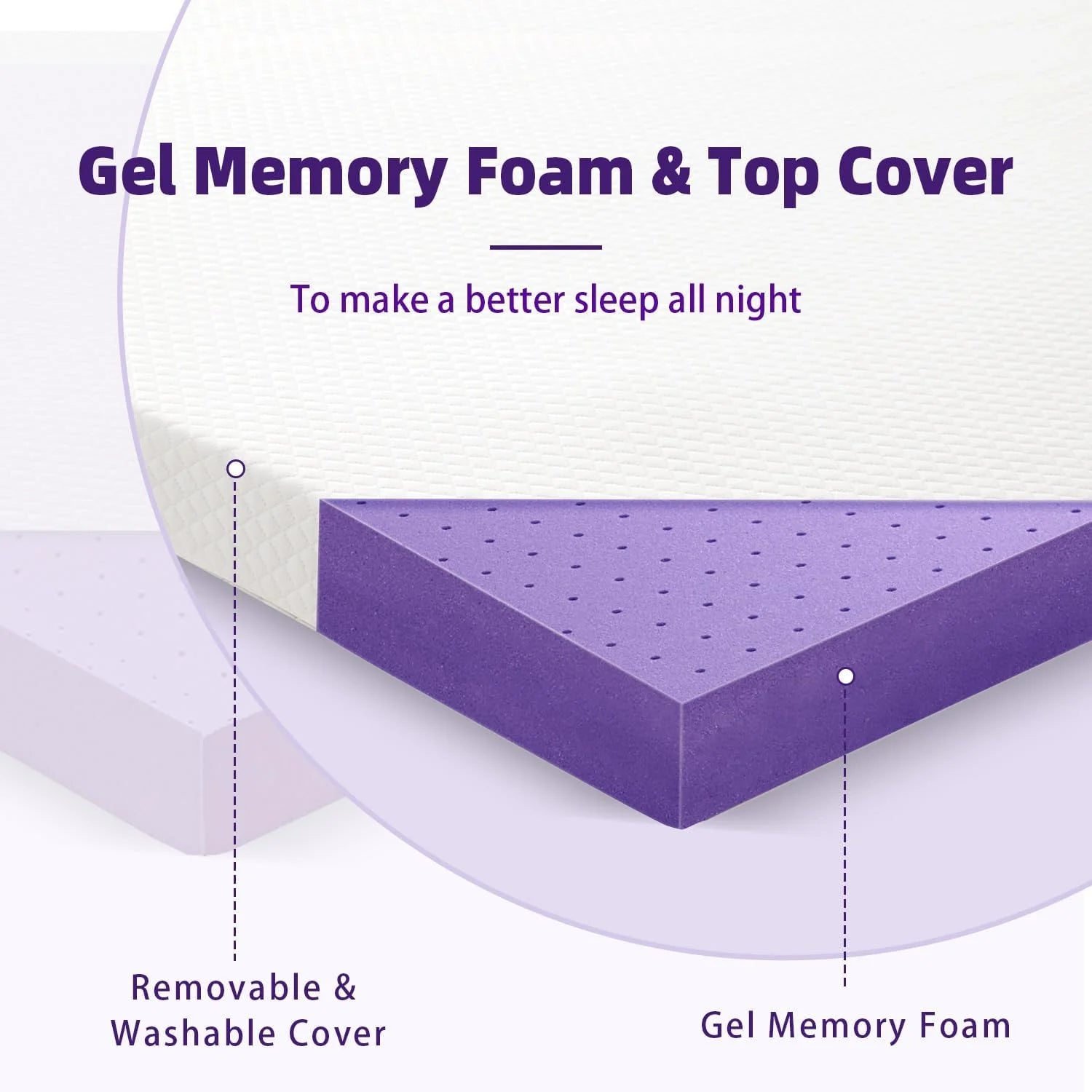 BDEUS 3 Inch Gel Memory Foam Mattress Topper Queen Size, Ventilated High Density Pad for Back Pain, Bed Topper with Removable Soft Cover, CertiPUR-US Certified