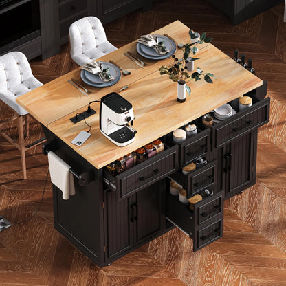 Kitchen Island with Storage, Rolling Kitchen Island on Wheels with Charging Station, Kitchen Cart Island Table with Drop Leaf, Drawers, Cabinets, Spice Rack, Towel Rack, Black