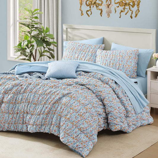 7 Pieces Blue Classic Puff Floral Bedding Sets for All Seasons, Shabby Chic Farmhouse Bed in a Bag Queen with Wildflowers Fluffy Comforter, Sheets, Pillowcases & Shams