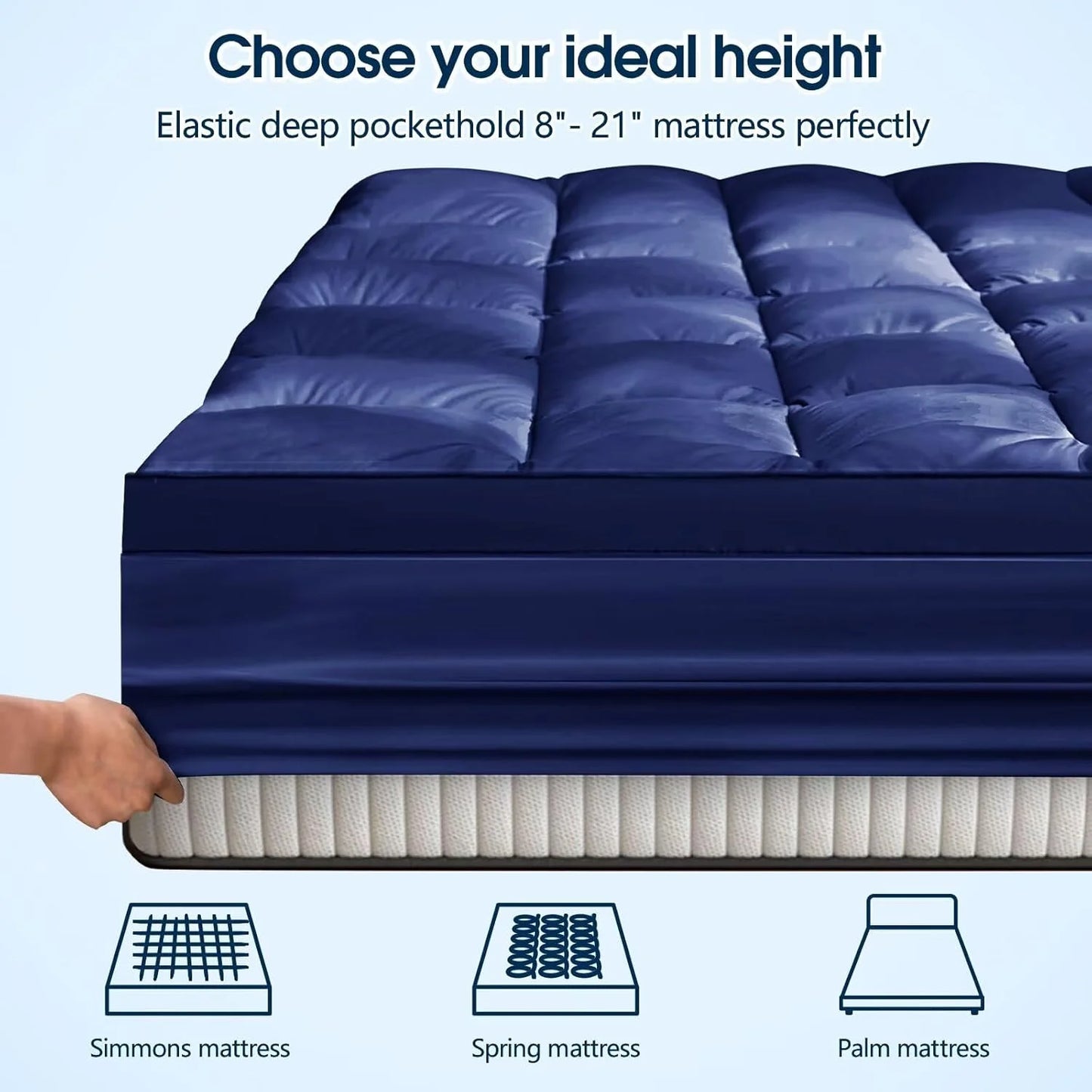 Mattress Topper Short Queen Size, PillowTop Mattress Pad Cover for Bed Back Pain, Cooling Mattress Protector Extra Thick Firm Soft Floor Fill Overfilled with 8-21 Inch Deep Pocket, 60"x75"Navy