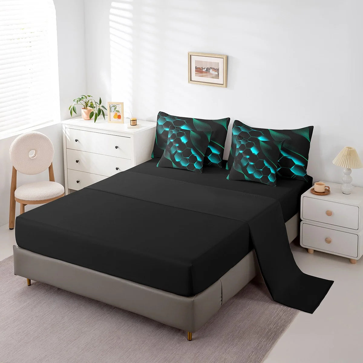 Honeycomb 7 Piece Comforter Set Queen,Neon Lights Mint Green Black Bed in a Bag with Flat Sheet and Fitted Sheet ,Geometric Striped Hexagonal Bedding Set with Pillowcase & Sham