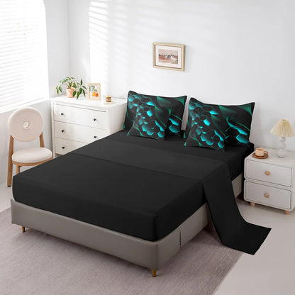 Honeycomb 7 Piece Comforter Set Queen,Neon Lights Mint Green Black Bed in a Bag with Flat Sheet and Fitted Sheet ,Geometric Striped Hexagonal Bedding Set with Pillowcase & Sham