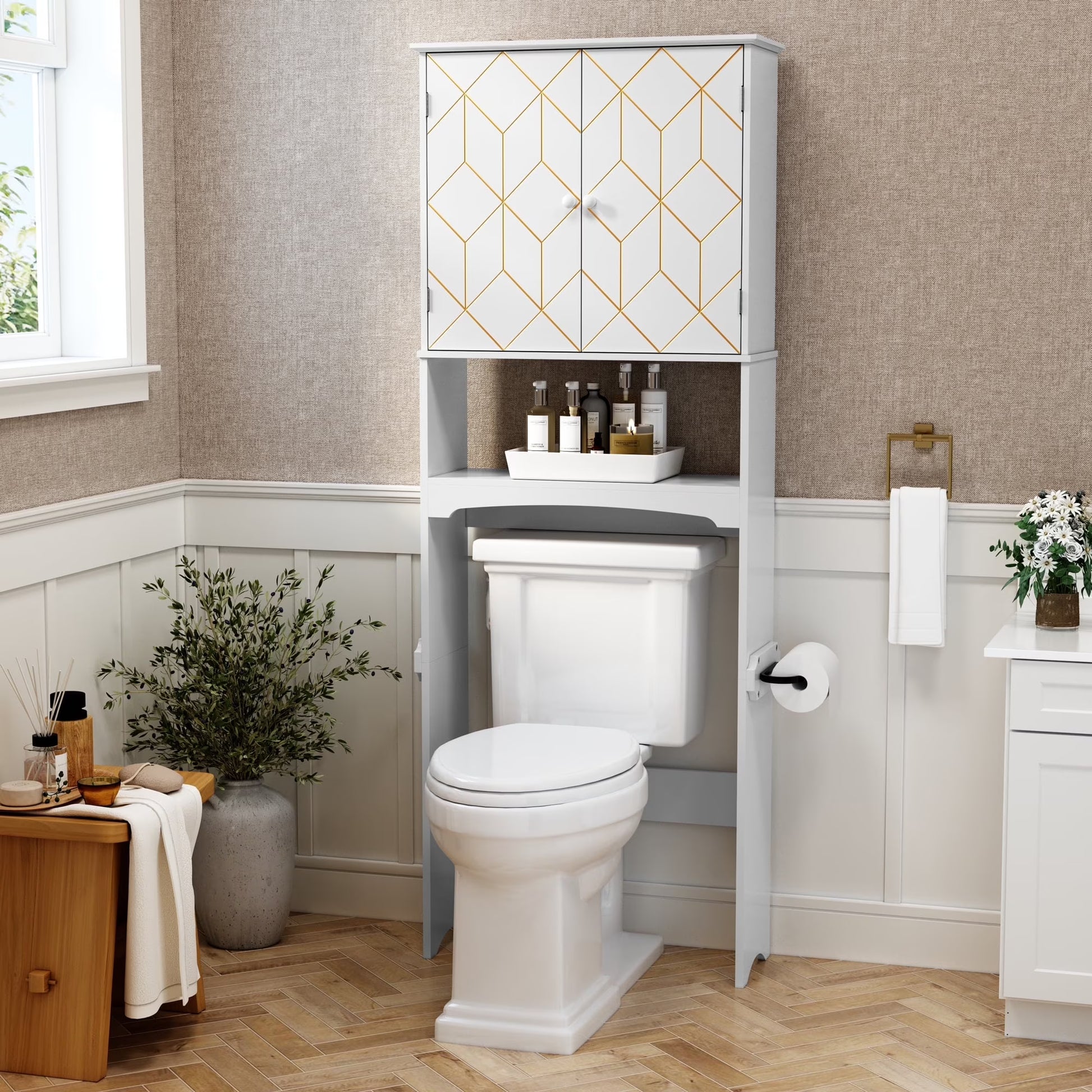 HLR Over The Toilet Storage Cabinet, Bathroom Above Toilet Storage Cabinet with Doors and Adjustable Shelves, Black