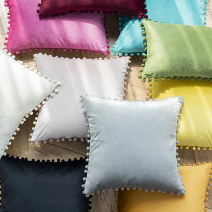 Phantoscope Throw Pillow with Insert,Silky Velvet Series Pom Pom Decorative pillow, 18" x 18", Off White, 2 Pack