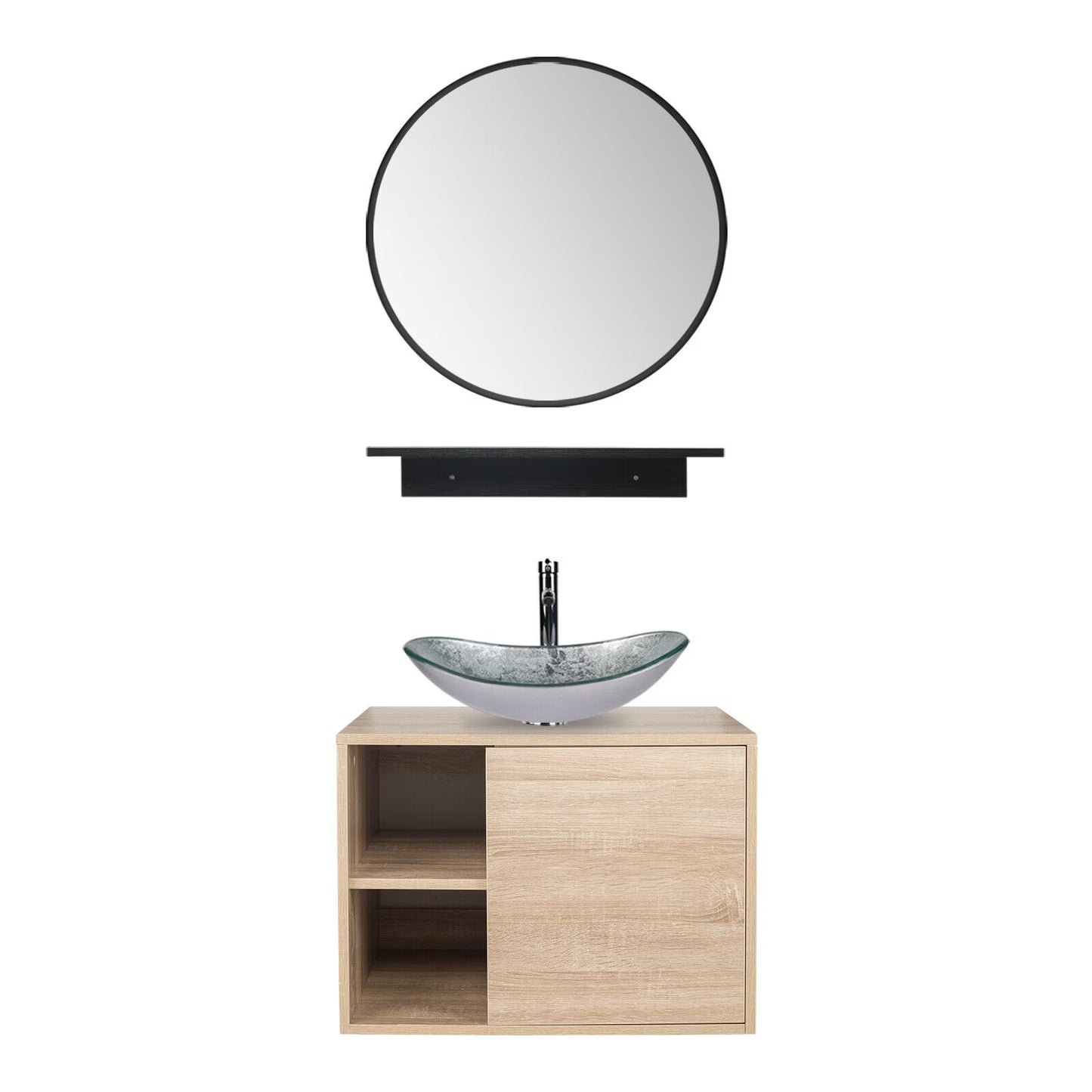 PULUOMIS Wall Mounted Bathroom Vanity Set with Mirror Storage Shelf, PVC Sheet Natural Cabinet with Black Side Panels (Cabinet + Sink)