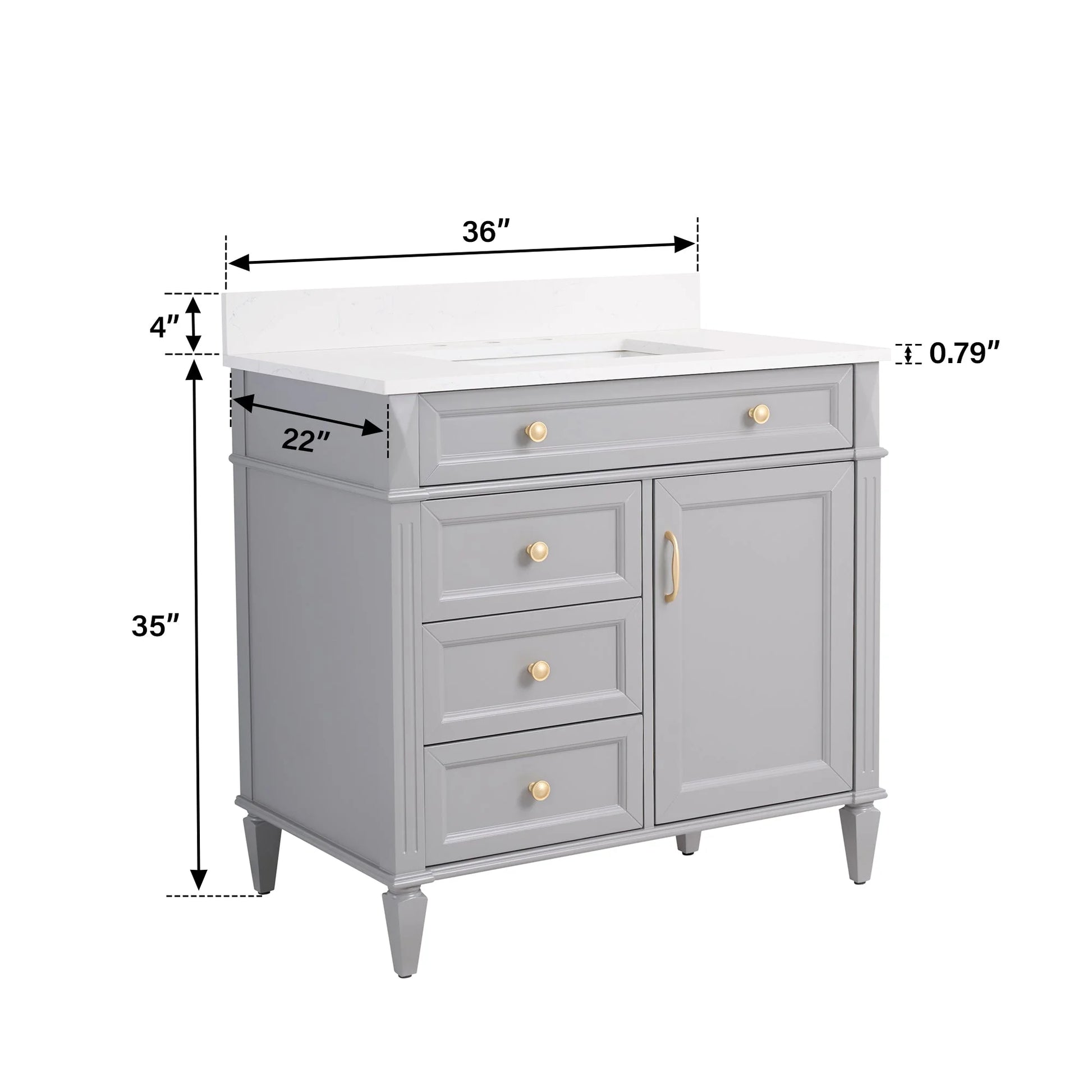 FORCLOVER 36" Bathroom Vanity with Sink Top Combo Set, Freestanding Solid Wood Bathroom Makeup Cabinet W/1 Soft-Close Door and 3 Soft-Close Drawers, Carrara White Quartz Countertop, Grey