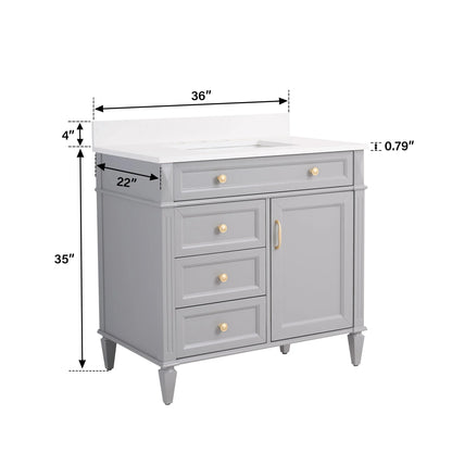 FORCLOVER 36" Bathroom Vanity with Sink Top Combo Set, Freestanding Solid Wood Bathroom Makeup Cabinet W/1 Soft-Close Door and 3 Soft-Close Drawers, Carrara White Quartz Countertop, Grey