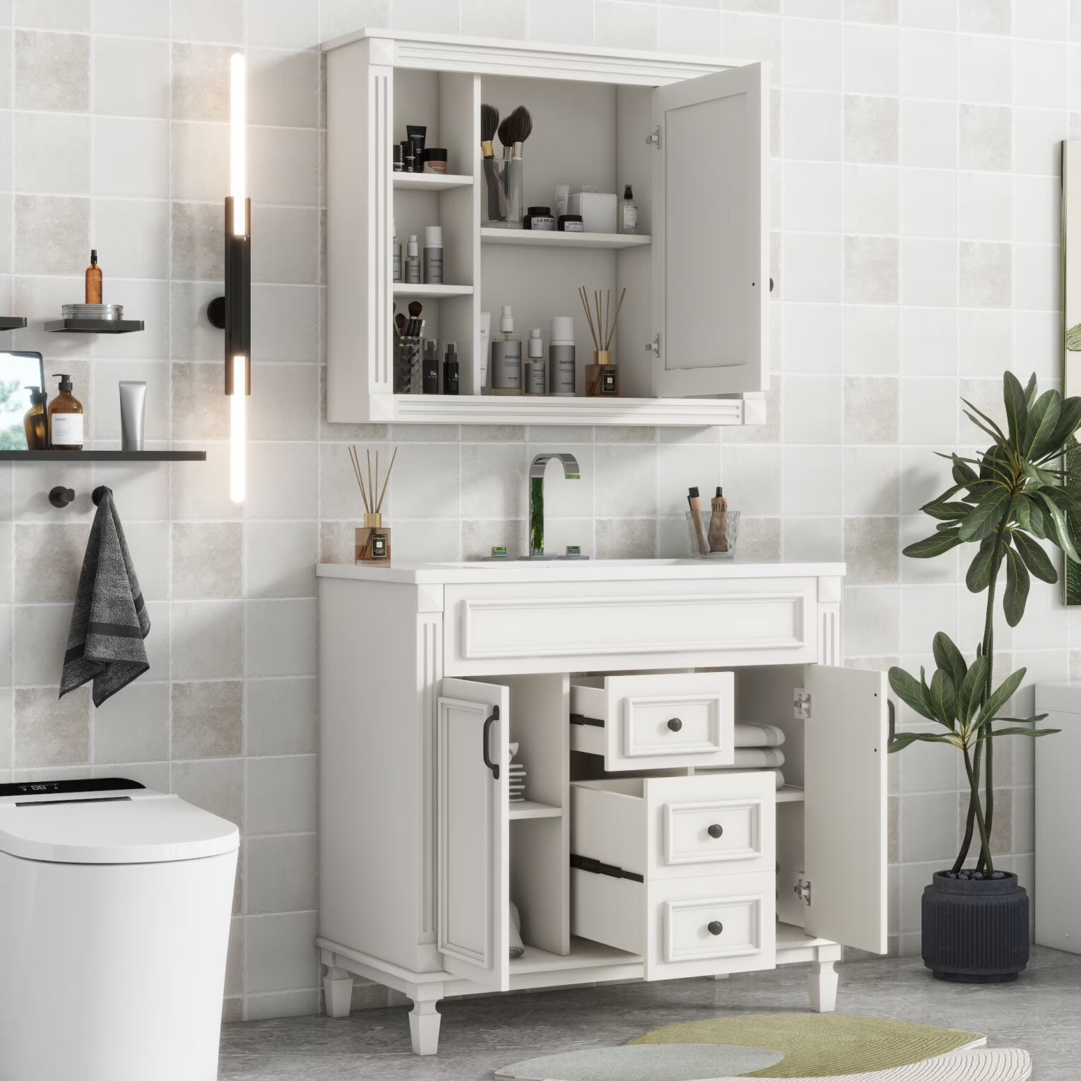 Modern Bathroom Furniture Set, 36" Bathroom Vanity with Top Sink, 35" Wall Mounted Bathroom Storage Cabinet, Mirror Cabinet with 6 Shelves, Storage Cabinet with 2 Doors and 2 Drawers, Grey