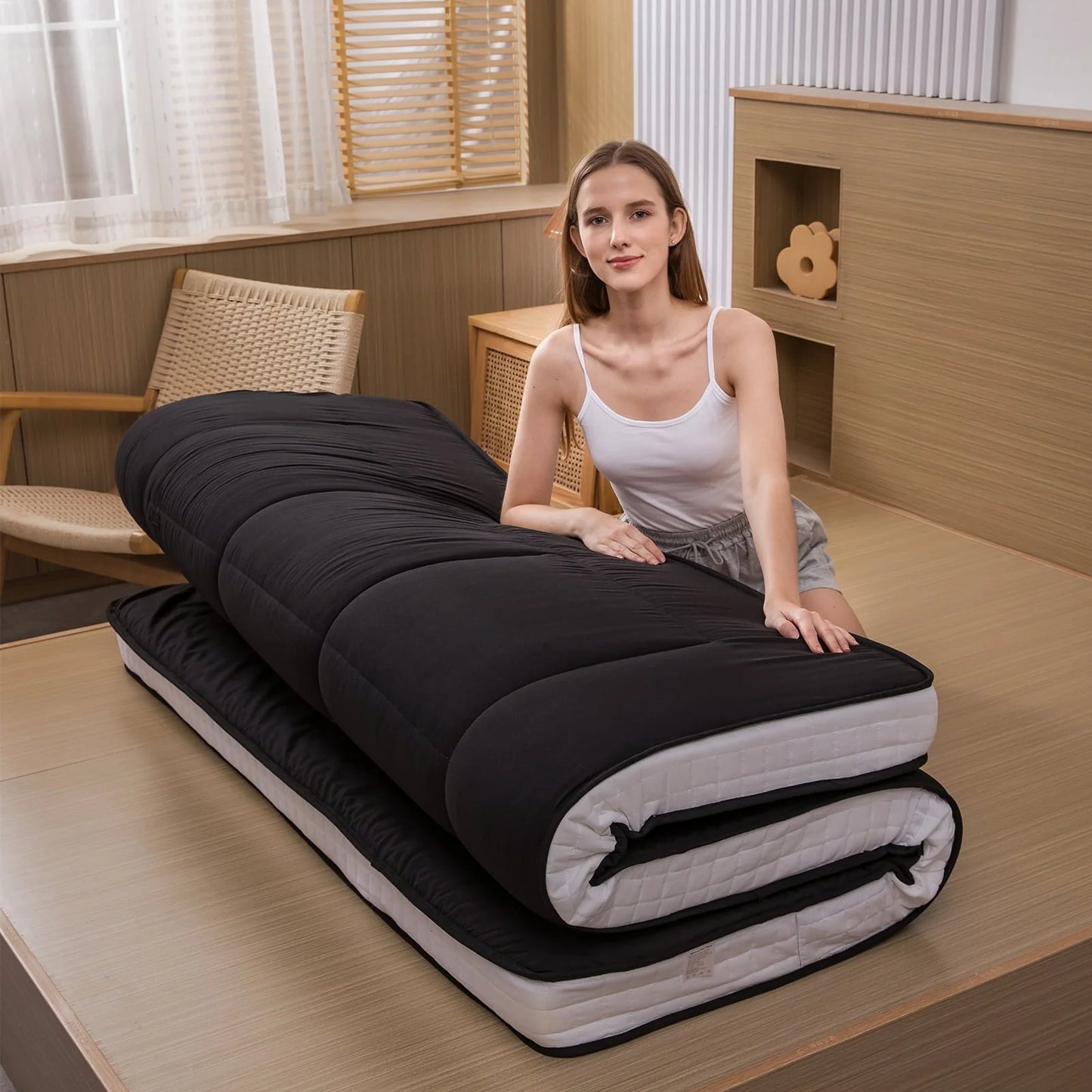 Mattress, Padded Japanese Floor Mattress Quilted Bed Mattress Topper, Extra Thick Folding Sleeping Pad, Black, Twin