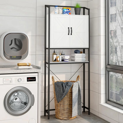 HAUXITIO Over The Toilet Storage Cabinet, Bathroom Space Saving Toilet Shelf with 2 Doors and 3 Adjustable Shelf, White