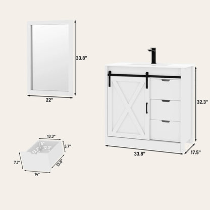 Blotout 36" Bathroom Vanity with Sink & Faucet & Mirror, Farmhouse Bathroom Vanity Cabinet Set with Sliding Barn Door & 3 Drawers, Freestanding Single Bath Storage Vanity Ceramic Sink, White