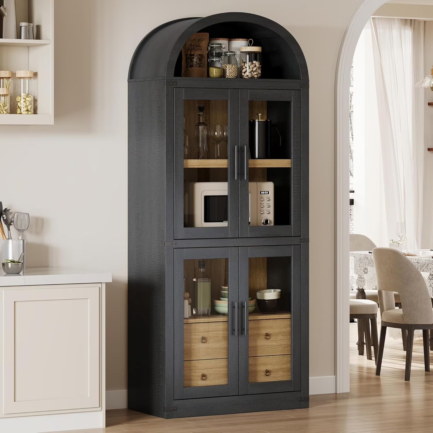 Arched Kitchen Pantry Storage Cabinet with 2 Drawers, 71-Inch Tall Farmhouse Wood Bookcase with 4 Doors for Kitchen Dining Room Bathroom