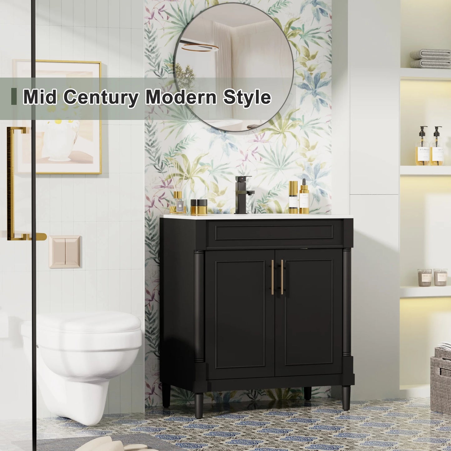 30" Freestanding Bathroom Vanity with Ceramic Sink Top, Faucet, Classic Tapered legs