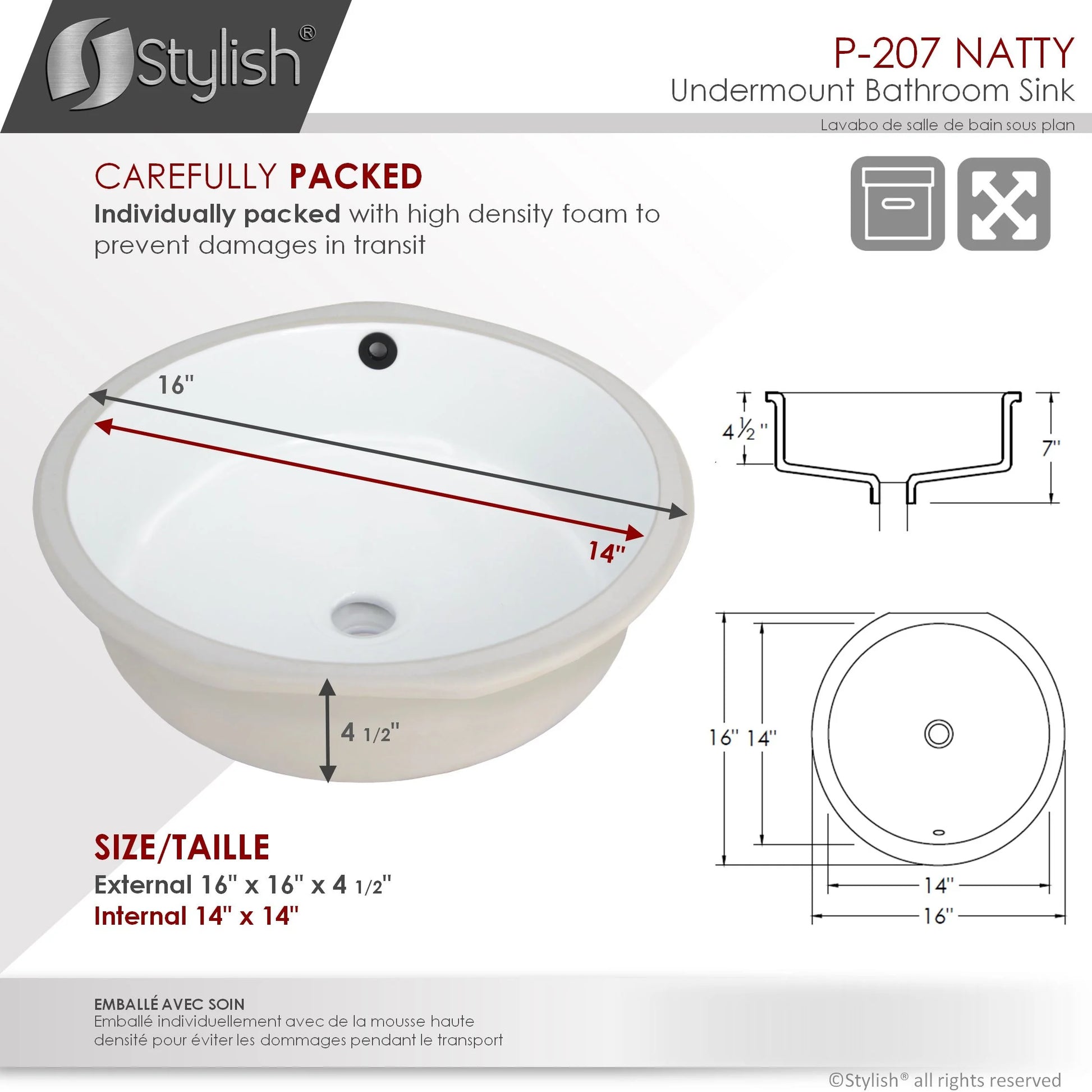 Stylish Undermount 16" Porcelain Round Bathroom Sink with 2 Overflow Finishes P-207