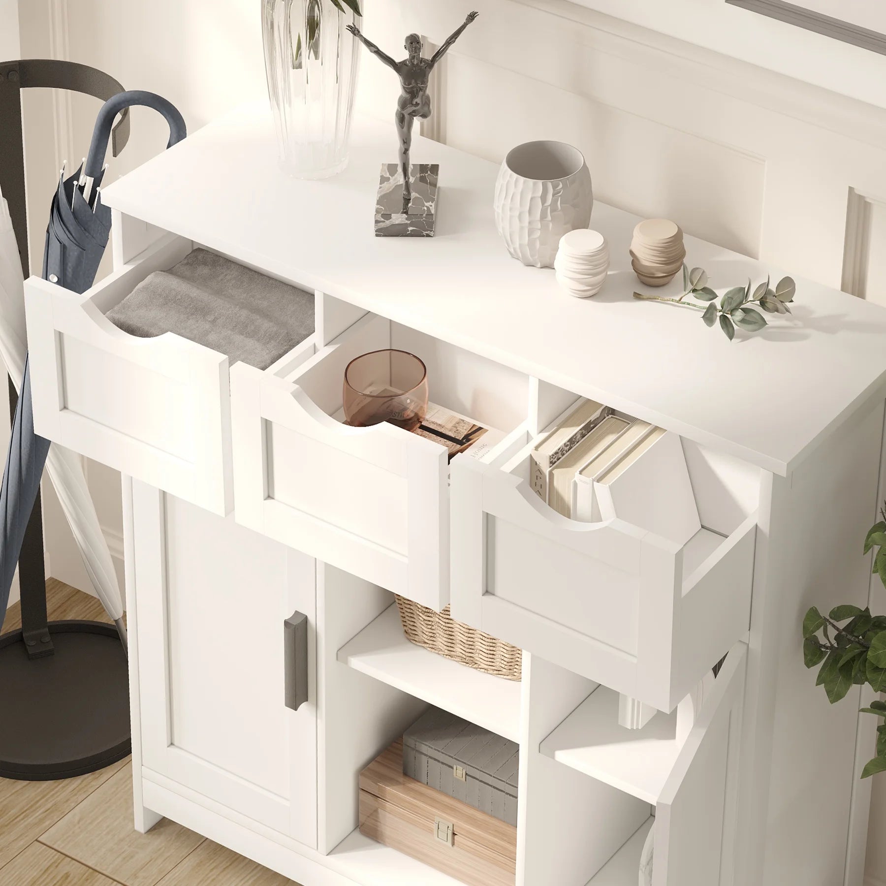 PORKISS White Floor Storage Cabinet, Wood Accent Cabinet with Drawers and Adjustable Shelves Storage, Modern Pantry Cabinet for Kitchen, Bathroom, Living Room