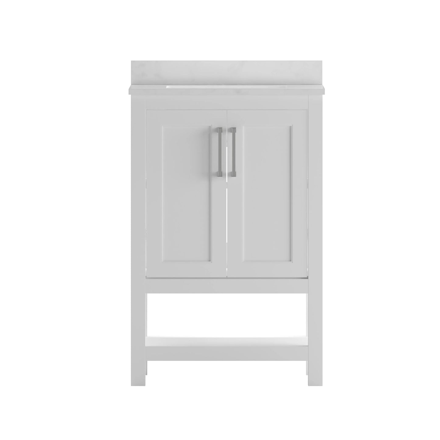 BizChair 24 Inch Bathroom Vanity with Sink Combo, Storage Cabinet with Soft Close Doors and Open Shelf, Carrara Marble Finish Countertop, White/White