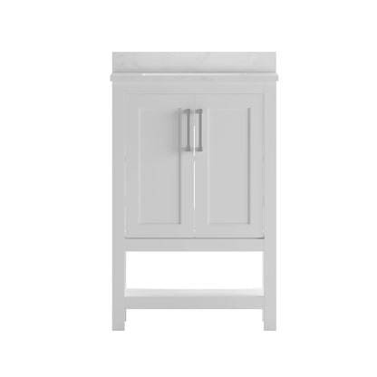 BizChair 24 Inch Bathroom Vanity with Sink Combo, Storage Cabinet with Soft Close Doors and Open Shelf, Carrara Marble Finish Countertop, White/White